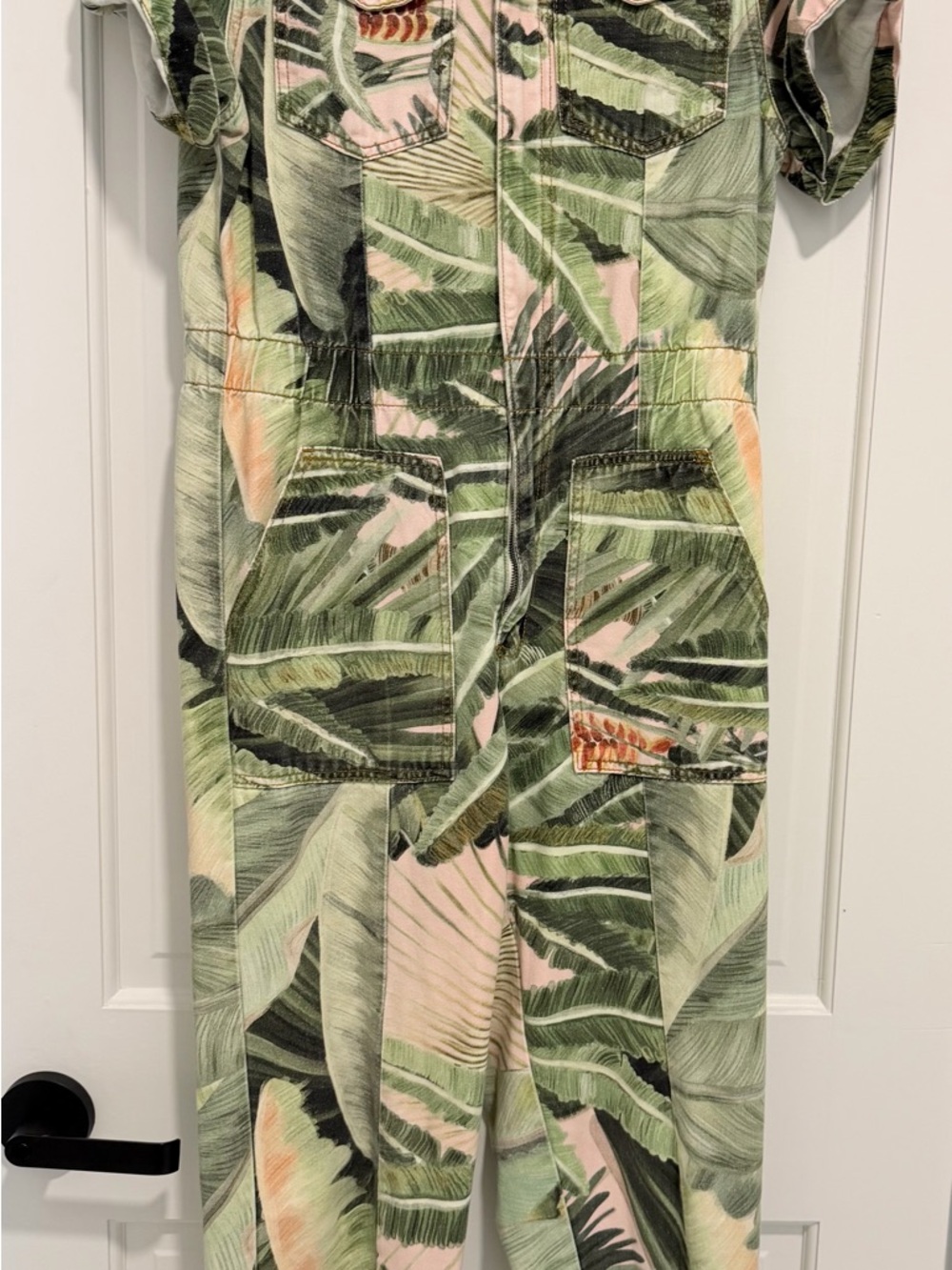 FARM Rio Green Palm Print Jumpsuit with Pink Accents